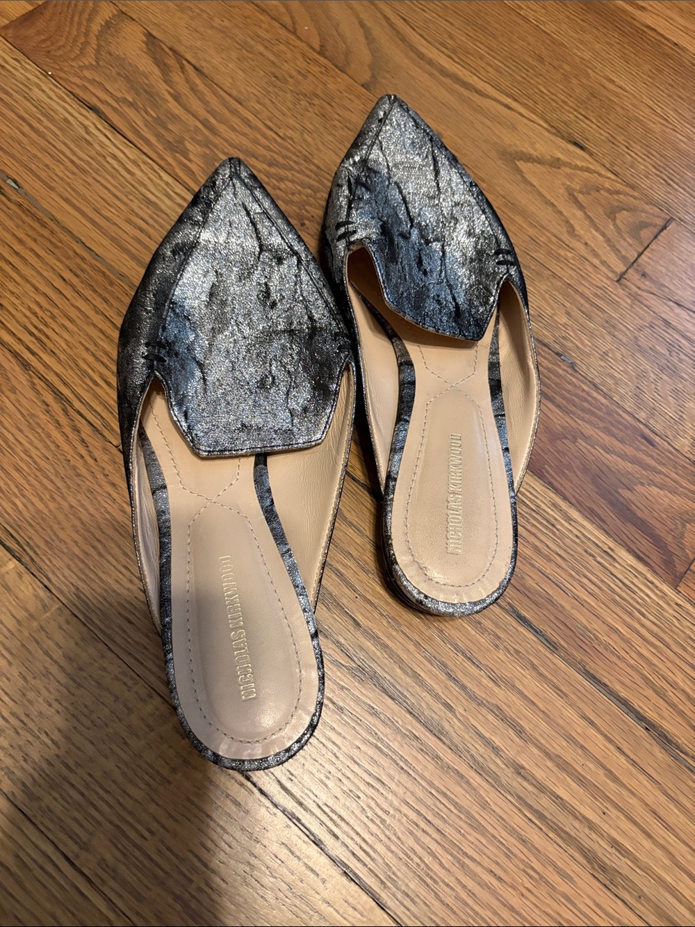 Nicholas Kirkwood Metallic Silver Black Pointed Slip-On Mules
